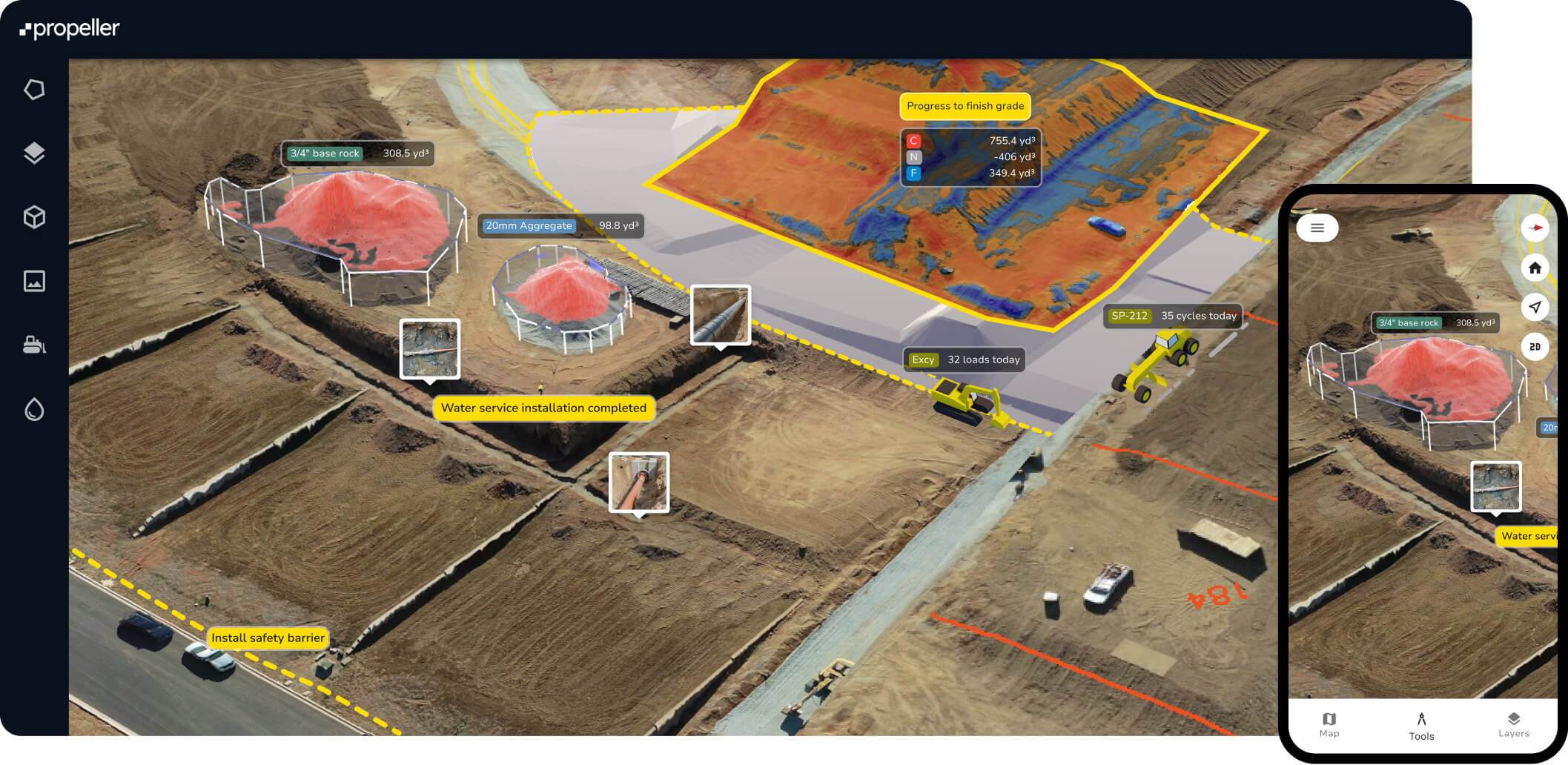 propeller platform UI on desktop and mobile worksite map
